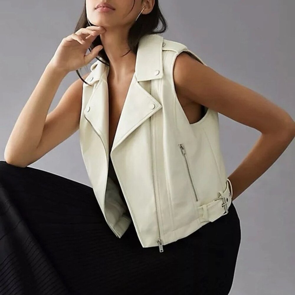 ANTHROPOLOGIE Off White Cropped Faux Leather Moto Jacket Vest Women's Size Small